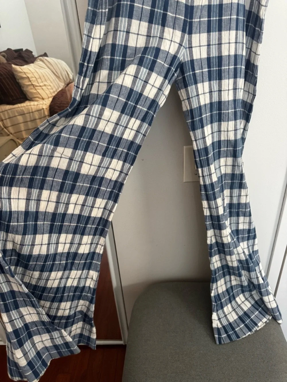 Suzie Kondi Elira Checked Cotton-Gauze Wide-Leg Pants - Blue & White Cottage - Picture 7 of 7